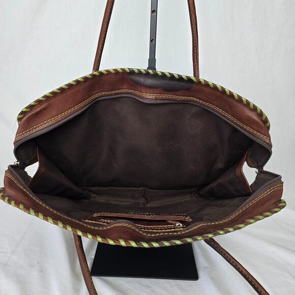 Leaders in Leather Tote Laptop Bag Hand Tooled Cutout Brown Green Paraguay - Picture 8 of 16